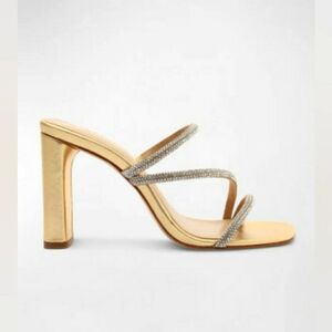 Schutz Chessie Bright Mid Block Heel- Gold Crystal-Embellished Leather Sandals 7